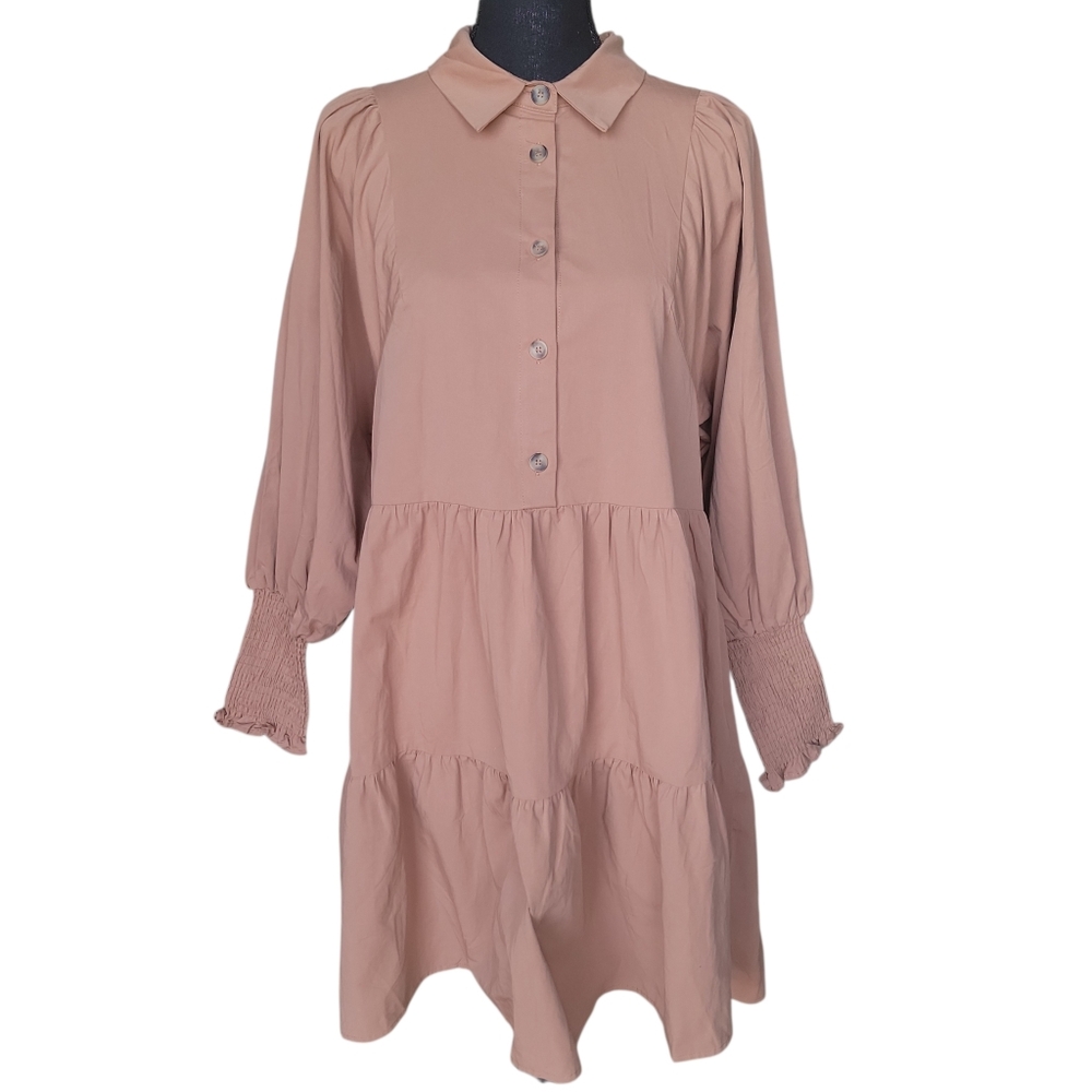 Bohme NWT Tan Babydoll Tiered Long Sleeve Smock Peasant Boho Dress Womens Size M